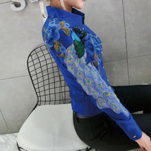 Load image into Gallery viewer, autumn new fashion heavy work embroidered peacock shirt women long-sleeved lapel peony slim top blouse