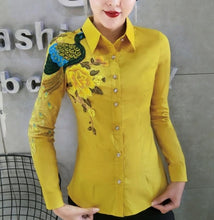 Load image into Gallery viewer, autumn new fashion heavy work embroidered peacock shirt women long-sleeved lapel peony slim top blouse