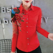 Load image into Gallery viewer, autumn new fashion heavy work embroidered peacock shirt women long-sleeved lapel peony slim top blouse