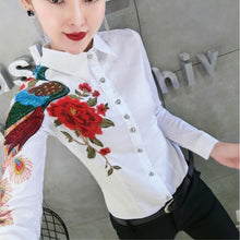 Load image into Gallery viewer, autumn new fashion heavy work embroidered peacock shirt women long-sleeved lapel peony slim top blouse