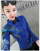 Load image into Gallery viewer, autumn new fashion heavy work embroidered peacock shirt women long-sleeved lapel peony slim top blouse