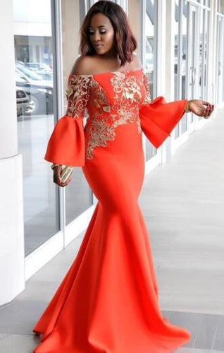 Vintage Orange Mermaid Evening Dress African Plus Size Women Off Shoulder Prom Dresses Black Girl Lace Long Sleeve Formal Gowns