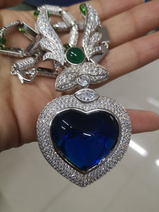 Luxury Fashion Silver Color Blue Gem Love Sweater Chain Full Zircon Ocean Heart Premium Pendant Necklace Jewelry Women