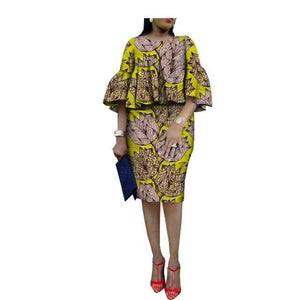 African ankara print skirt set for women AFRIPRIDE three quarter flare sleeves o-neck top+knee-length pencil skirt set A1826014