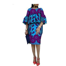 Load image into Gallery viewer, African ankara print skirt set for women AFRIPRIDE three quarter flare sleeves o-neck top+knee-length pencil skirt set A1826014