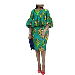 African ankara print skirt set for women AFRIPRIDE three quarter flare sleeves o-neck top+knee-length pencil skirt set A1826014