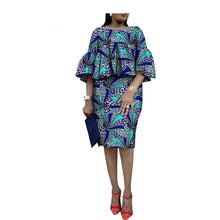 Load image into Gallery viewer, African ankara print skirt set for women AFRIPRIDE three quarter flare sleeves o-neck top+knee-length pencil skirt set A1826014