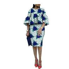 Load image into Gallery viewer, African ankara print skirt set for women AFRIPRIDE three quarter flare sleeves o-neck top+knee-length pencil skirt set A1826014