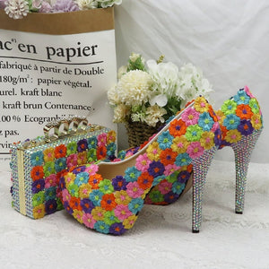 BaoYaFang Multicolor flower shining crystal womens platform wedding shoes with matching bags Clutches high heels female Pumps