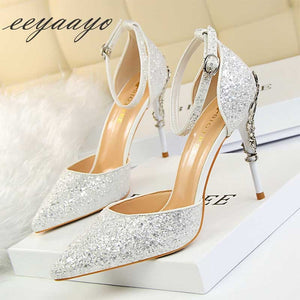 2019 New Summer Women Sandals High Thin Heel Pointed Toe Buckle Sexy Ladies Bridal Wedding Women Shoes White High Heels Sandals