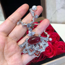 Load image into Gallery viewer, Luxury Fashion Pearl Red Full AAA Zircon Flower Sector Pendant Necklace Exaggerated Retro Women Pseudo Gold Accessories Jewelry