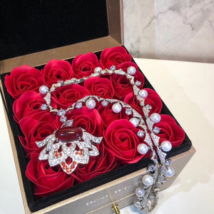 Luxury Fashion Pearl Red Full AAA Zircon Flower Sector Pendant Necklace Exaggerated Retro Women Pseudo Gold Accessories Jewelry