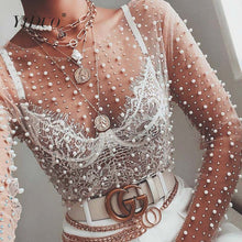 Load image into Gallery viewer, YiDuo Women Transparent O-Neck Long Sleeve Sexy Lace Mesh Shirt Club Party Tops Ladies 2021 Spring Pearl Beading Blouse Blusas