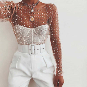 YiDuo Women Transparent O-Neck Long Sleeve Sexy Lace Mesh Shirt Club Party Tops Ladies 2021 Spring Pearl Beading Blouse Blusas