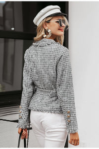 Simplee Plaid frayed edge tweed jacket coat Women v-neck double breasted button belt ladies coat Long sleeve outwear blazer coat