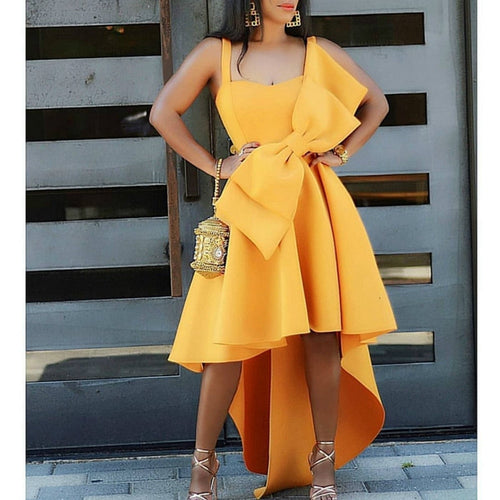 STYLISH LADY Big Bow Ruffle Hi Low Dress 2019 Summer Women Spaghetti Strap Yellow Front Short Back Long Big Swing Party Dress