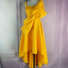 Load image into Gallery viewer, STYLISH LADY Big Bow Ruffle Hi Low Dress 2019 Summer Women Spaghetti Strap Yellow Front Short Back Long Big Swing Party Dress