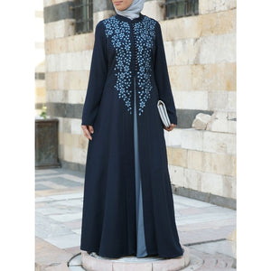 Plus Size S-5XL Muslim Abaya Dresses Fake Two Pieces Women Hijab Dress Stand Collar Applique Print Floral robe Islamic Clothing