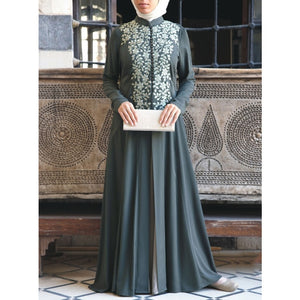 Plus Size S-5XL Muslim Abaya Dresses Fake Two Pieces Women Hijab Dress Stand Collar Applique Print Floral robe Islamic Clothing