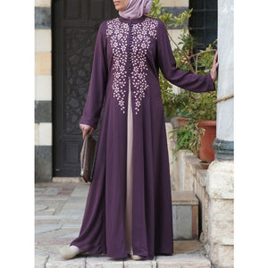 Plus Size S-5XL Muslim Abaya Dresses Fake Two Pieces Women Hijab Dress Stand Collar Applique Print Floral robe Islamic Clothing