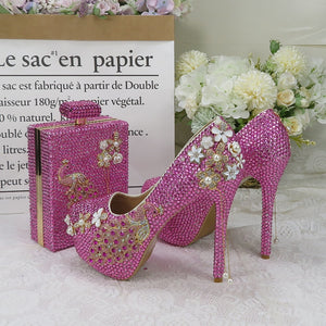 BaoYaFang Pink crystal Peacock Party Dress Shoes Bridal Wedding shoes and bags High heel platform shoes Big Size fashion Pumps