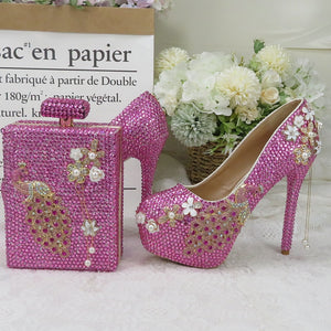 BaoYaFang Pink crystal Peacock Party Dress Shoes Bridal Wedding shoes and bags High heel platform shoes Big Size fashion Pumps