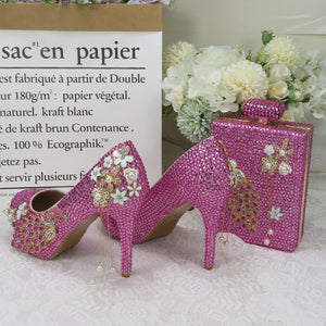 BaoYaFang Pink crystal Peacock Party Dress Shoes Bridal Wedding shoes and bags High heel platform shoes Big Size fashion Pumps