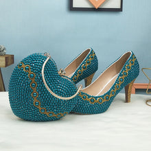 Load image into Gallery viewer, Teal Blue Pearl wedding shoes with matching bags bride party dress High heels platform shoes Open Toe shoe Fish Toe green blue