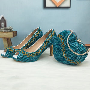 Teal Blue Pearl wedding shoes with matching bags bride party dress High heels platform shoes Open Toe shoe Fish Toe green blue