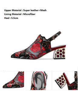 2020 High Heels Sandals Woman Mesh Summer Shoes Women Pumps Pointed toe Ankle Buckle Strap Ethnic Embroidery Flower Handmade
