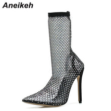 Load image into Gallery viewer, Aneikeh 2020 Spring Sexy Bling CRYSTAL Mesh Pumps Shoes Woman Fetish Thin High Heel PVC Pointed end Stripper Slip-On Party Shoes