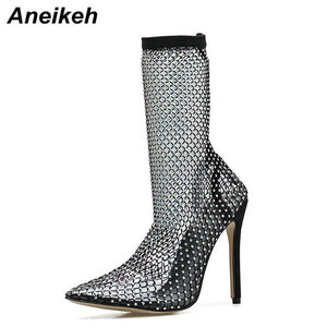Aneikeh 2020 Spring Sexy Bling CRYSTAL Mesh Pumps Shoes Woman Fetish Thin High Heel PVC Pointed end Stripper Slip-On Party Shoes