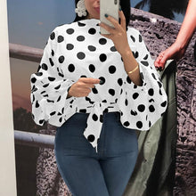 Load image into Gallery viewer, Women Polka Dot Blouses Tops Black Sashes Long Puff Sleeves White Red Plus Size XXXL Ladies Fashion Casual Spring Summer Bluas