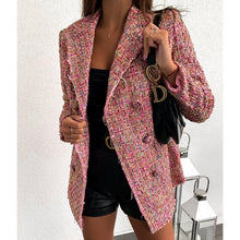 Load image into Gallery viewer, Plaid tweed double breasted blazer women long sleeve turn down collar slim jacket coat Elegant office women blazers and jackets