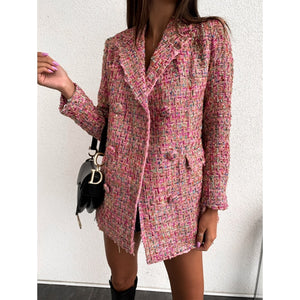 Plaid tweed double breasted blazer women long sleeve turn down collar slim jacket coat Elegant office women blazers and jackets