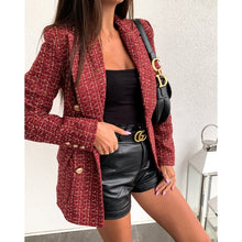 Load image into Gallery viewer, Plaid tweed double breasted blazer women long sleeve turn down collar slim jacket coat Elegant office women blazers and jackets