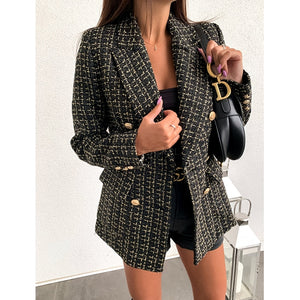 Plaid tweed double breasted blazer women long sleeve turn down collar slim jacket coat Elegant office women blazers and jackets