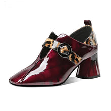 Load image into Gallery viewer, 2020 Fall Single Shoes Woman High Heels Women Pumps Square toe Leopard Pattern Buckle Thick Heel British Female Patent Leather