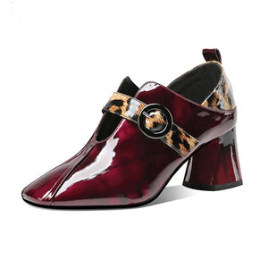 2020 Fall Single Shoes Woman High Heels Women Pumps Square toe Leopard Pattern Buckle Thick Heel British Female Patent Leather