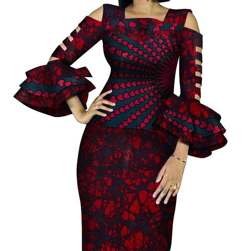 Customize African Print Ruffles Sleeve Tops and Skirt Sets for Women Bazin Riche African Clothing 2 Pieces Skirts Sets WY4300