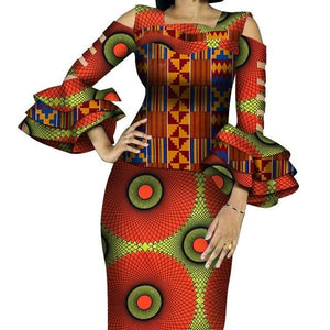 Customize African Print Ruffles Sleeve Tops and Skirt Sets for Women Bazin Riche African Clothing 2 Pieces Skirts Sets WY4300