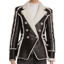 Load image into Gallery viewer, HIGH STREET 2020 Stylish Designer Jacket Women&#39;s Double Breasted Lion Buttons Faux Fur Leather Blazer Coat