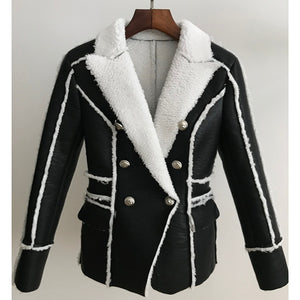 HIGH STREET 2020 Stylish Designer Jacket Women's Double Breasted Lion Buttons Faux Fur Leather Blazer Coat