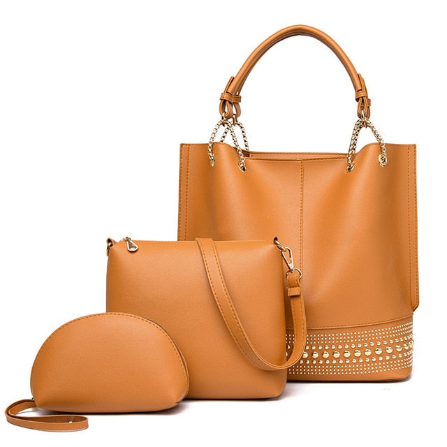 New Fashion  Version of Sub Mother Bag Women's 2020 Style Rivet Shoulder Bag Three Piece Set of Women's Bag