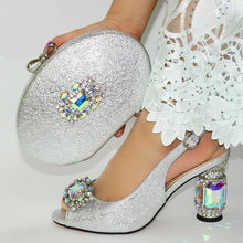 Load image into Gallery viewer, Silver African Fashion Rhinestone Woman Shoes And Bag Set For Wedding Latest Italian Sandals Shoes And Matching Bag Set