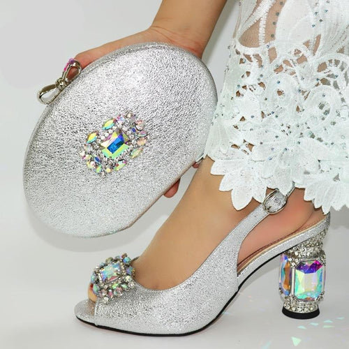 Silver African Fashion Rhinestone Woman Shoes And Bag Set For Wedding Latest Italian Sandals Shoes And Matching Bag Set