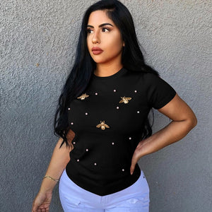 Plus Size Women Short Sleeve Pearl Beading Tshirt Ladies Tee Tops Summer Solid Weekend Casual Fit Round Neck Basic T Shirt