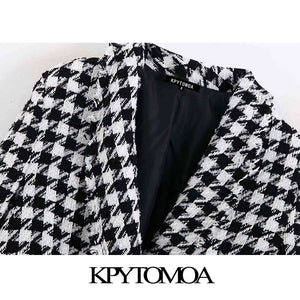 Vintage Stylish Houndstooth Double Breasted Blazer Coat Women 2020 Fashion Long Sleeve Frayed Trims Outerwear Chic Plaid Tops