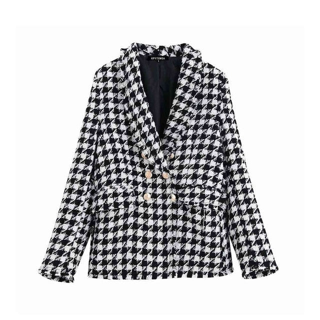 Vintage Stylish Houndstooth Double Breasted Blazer Coat Women 2020 Fashion Long Sleeve Frayed Trims Outerwear Chic Plaid Tops