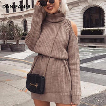 Load image into Gallery viewer, Danjeaner Autumn Winter Turtleneck Off Shoulder Knitted Sweater Dress Women Solid Slim Plus Size Long Pullovers Knitting Jumper